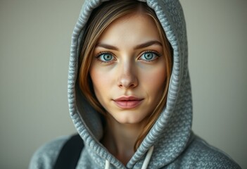 Female portrait with hood and neutral background