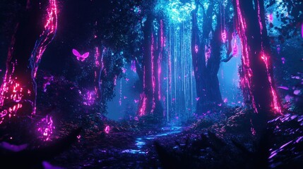 Enchanting Neon Forest With Glowing Butterflies