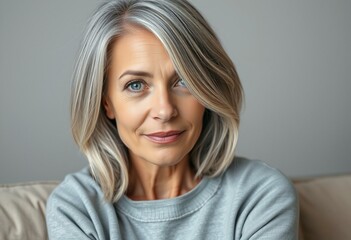 Fototapeta premium Young woman with gray hair sitting in a neutral background