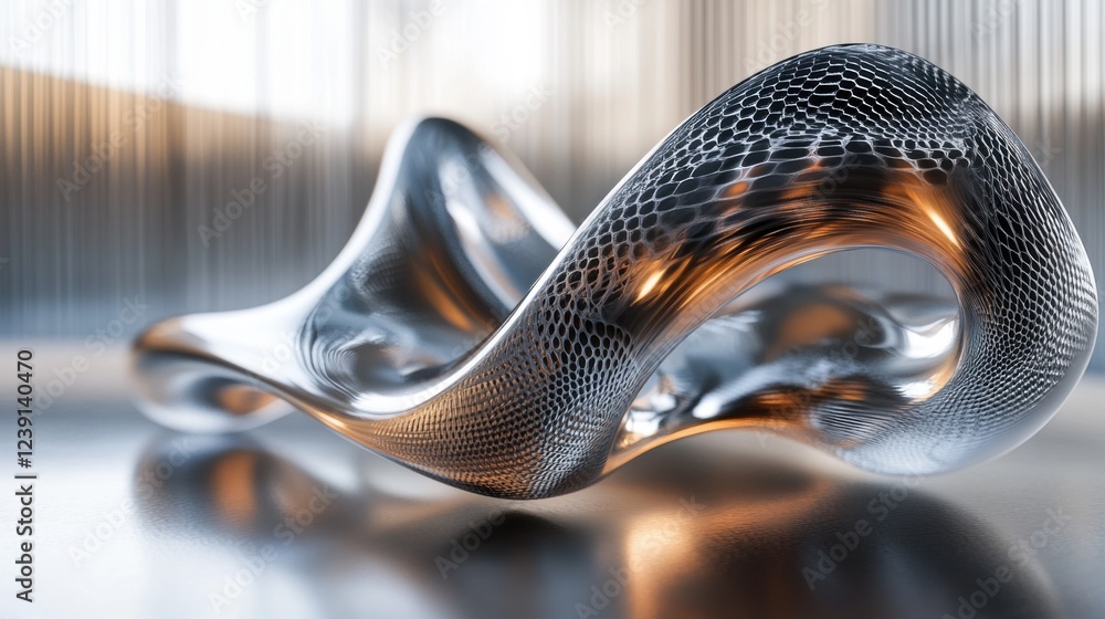 Poster abstract metallic sculpture with fluid design and textured surface in modern setting