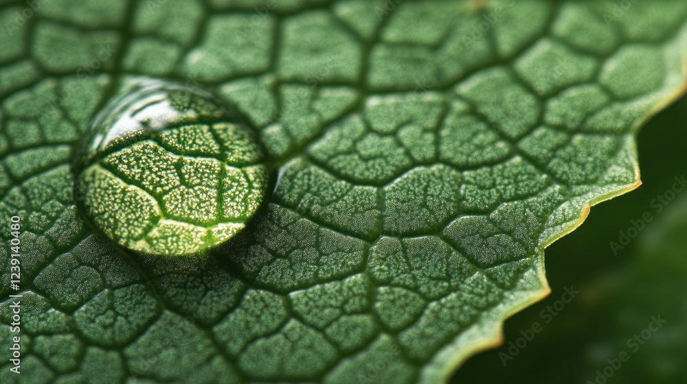 Poster close-up view of a water droplet resting on a green leaf with intricate texture during daylight. gen