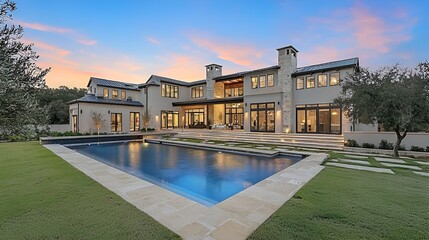 Luxury home dusk poolside Texas landscape