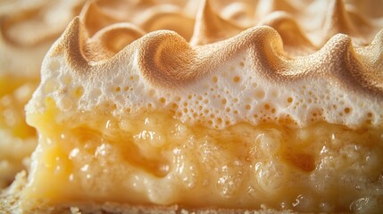 Fototapeta premium Delicious lemon meringue pie with perfectly toasted topping served at a bakery during the afternoon. Generative AI
