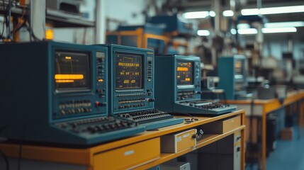 Vintage computer room with retro monitors and keyboards in industrial setting