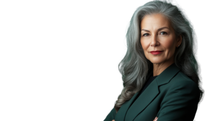 Confident senior businesswoman with folded arms on transparent background