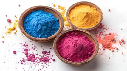 A top-down flat lay photograph of three round, rustic clay bowls filled with brightly colored Holi powder.