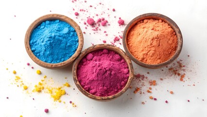 A top-down flat lay photograph of three round, rustic clay bowls filled with brightly colored Holi powder.