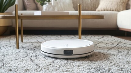 A robot vacuum navigates across a plush area rug in a stylish living room, surrounded by decor and bright natural light. It's spring cleaning time, making daily chores easier and more efficient.