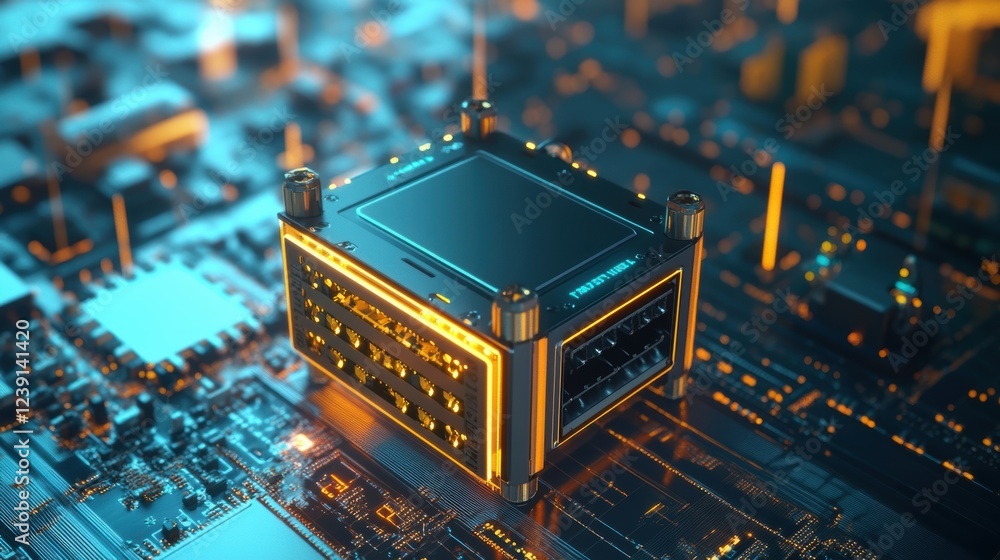 Poster glowing orange and teal innovative cpu processing unit resting on a futuristic circuit board, showca