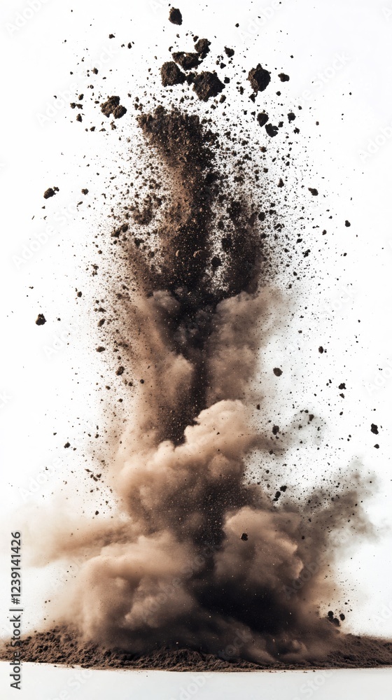 Poster soil explosion on white background with dust cloud and flying dirt particles in dynamic motion