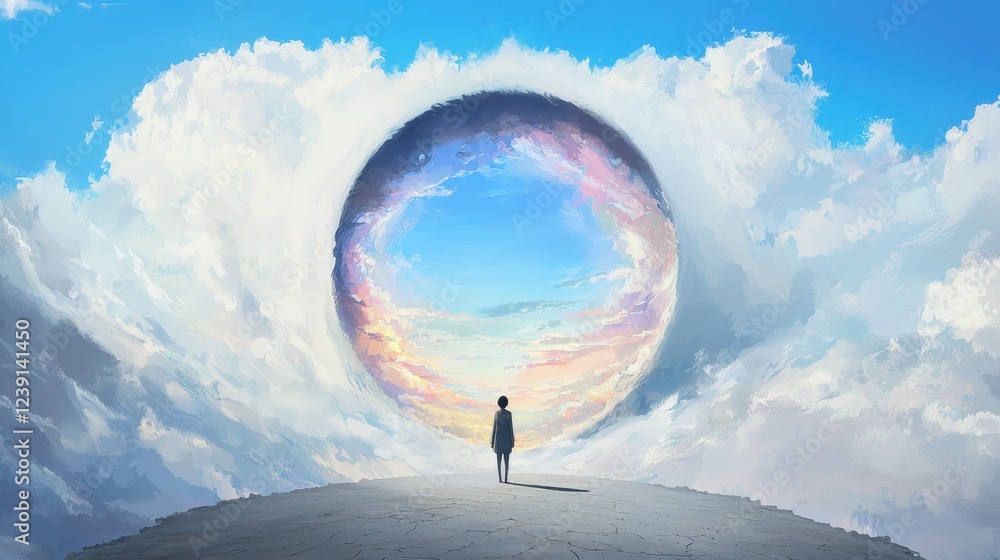 Poster envisioning a bright and prosperous future with a person standing before an open portal in a stunnin