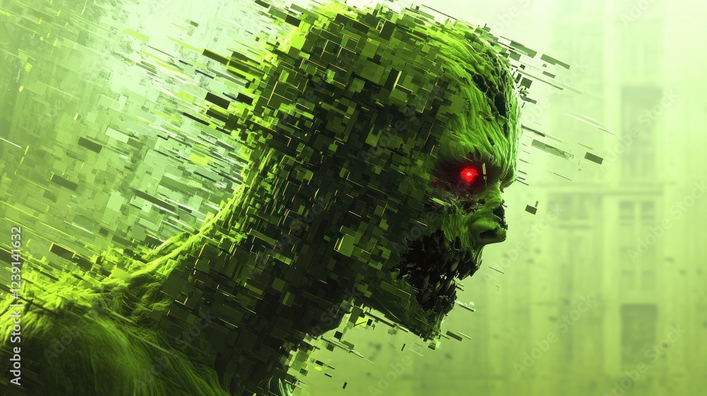 Poster digital creation of a monstrous green figure with red eyes amidst a fragmented background. generativ