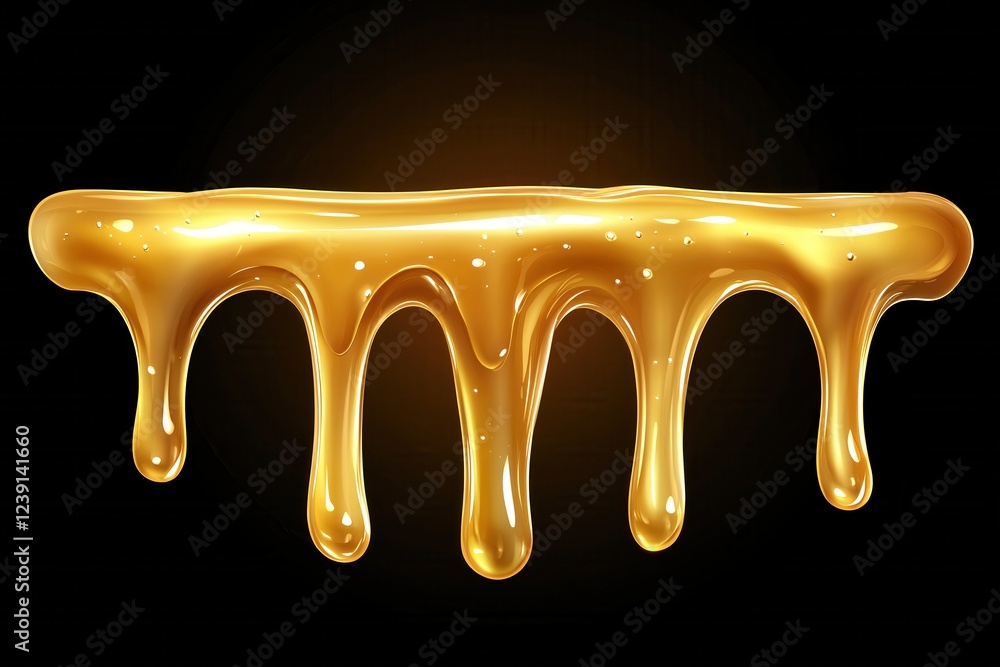 Poster golden liquid dripping with small bubbles against a dark backdrop creating a sweet and shiny effect