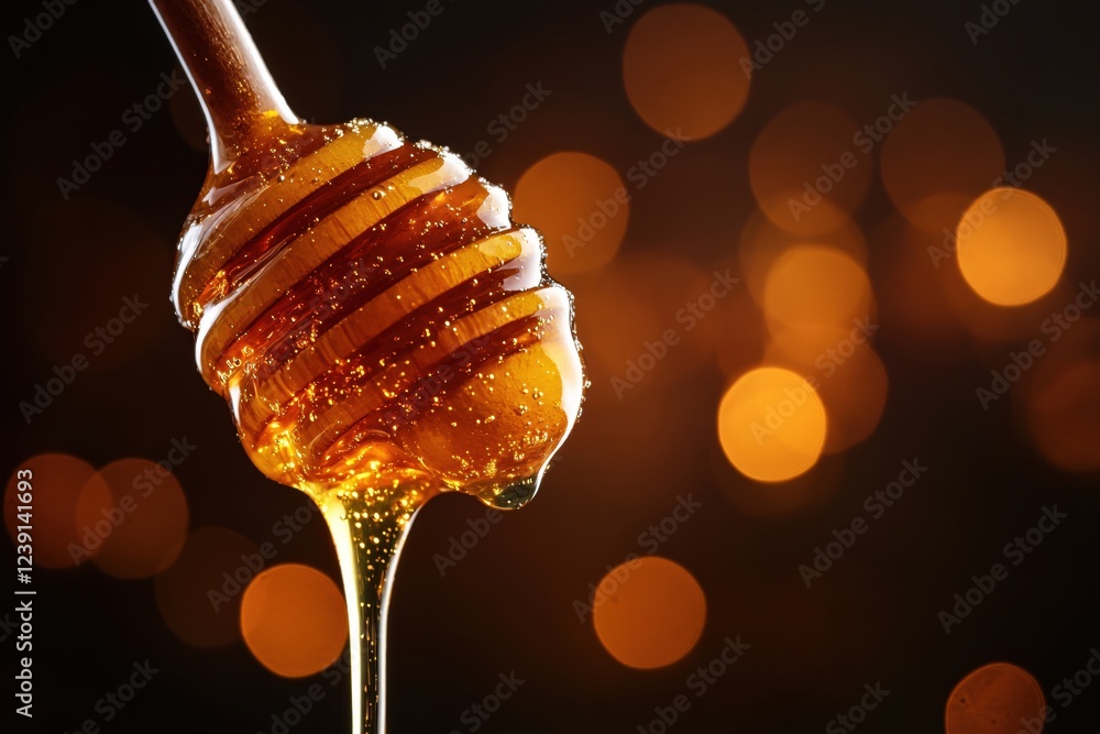 Poster golden honey dripping from a wooden dipper against a bokeh background creating a warm mood