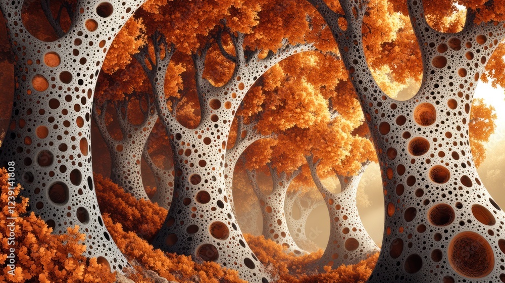 Poster misty forest with abstract trees featuring vibrant orange foliage and unique patterns in autumn ligh