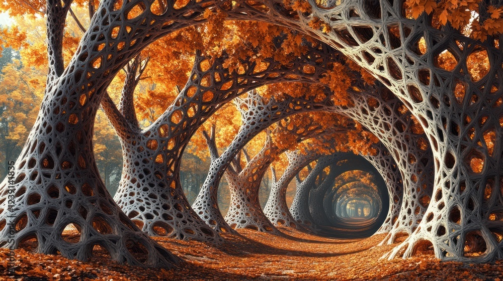 Poster colorful autumn forest with intricate trees creating a magical tunnel of orange leaves and natural p