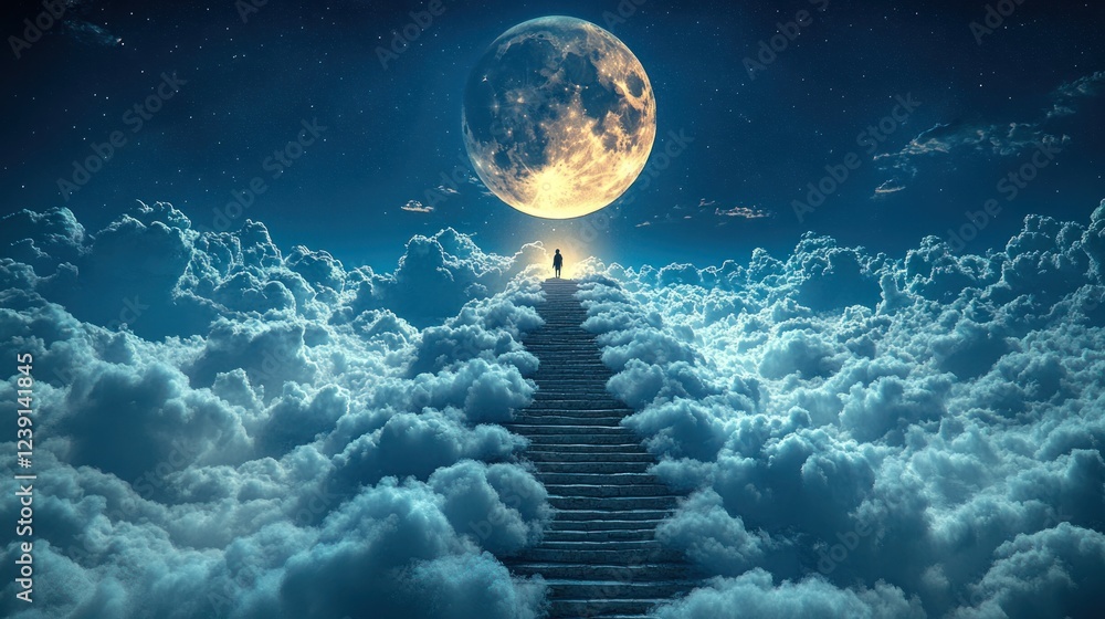 Poster stairway to the moon illuminated by a bright full moon soaring above soft clouds at night. generativ