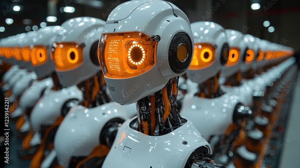 Poster futuristic assembly line showcasing humanoid robots with glowing eyes in a high-tech environment