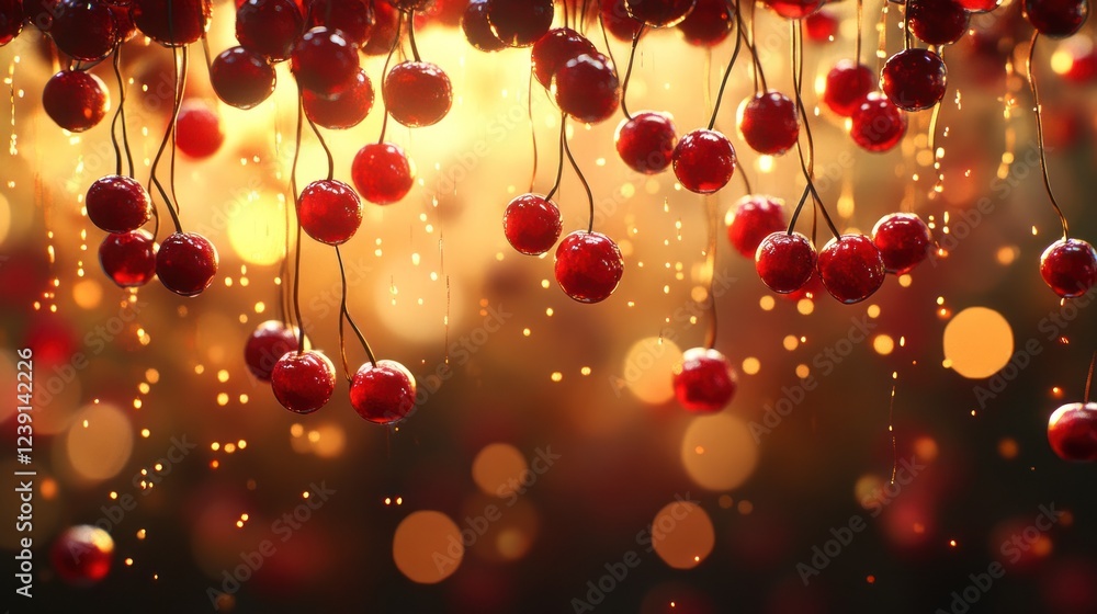 Poster fresh cherries glisten under sunlight creating a colorful and vibrant backdrop in a summer setting. 