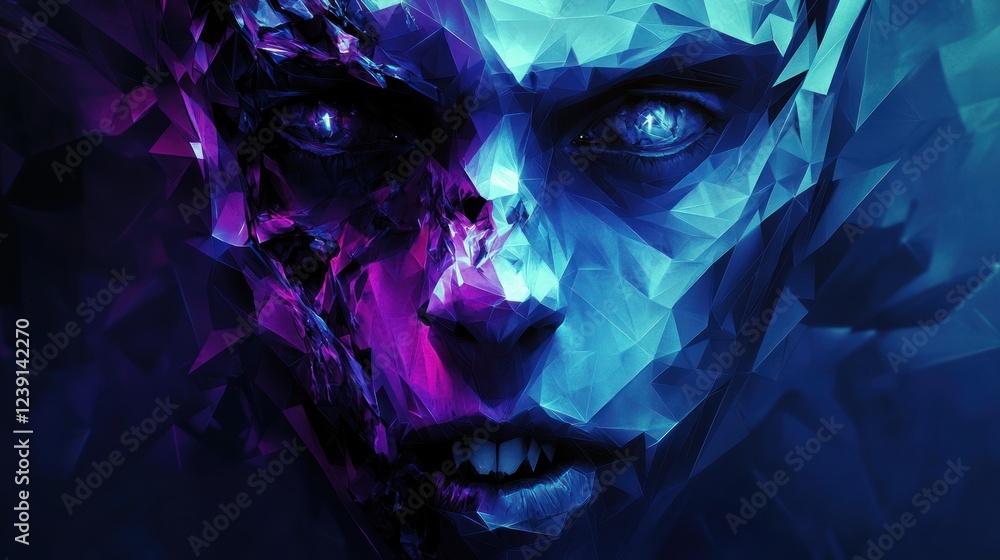 Poster abstract digital artwork depicting a fragmented face with vibrant colors and intricate geometric pat