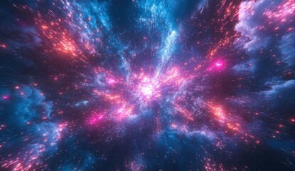 Stunning Cosmic Explosion in Vibrant Colors Capturing the Essence of Starry Universe with Bright Sparks and Ethereal Clouds in Deep Space