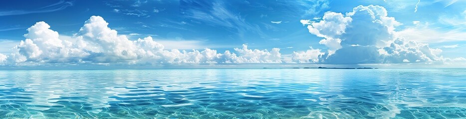 Endless Horizon of Calm Ocean Waters and White Fluffy Clouds Reflecting Above	