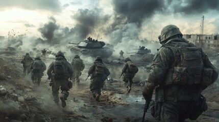 Soldiers advance through a war-torn landscape amid smoke and tanks during intense combat operations. Generative AI