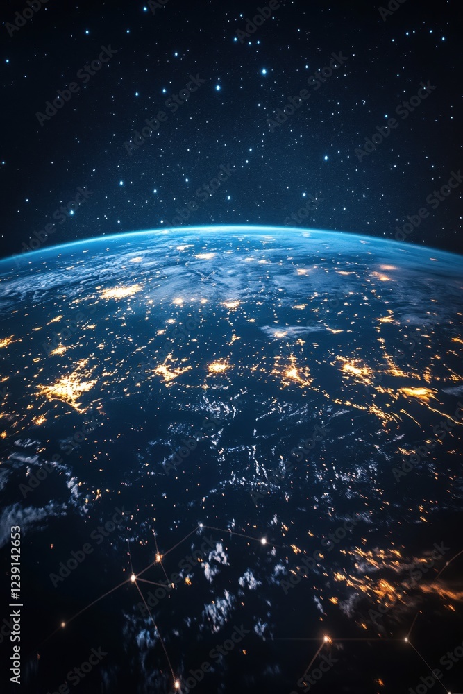 Poster earth view from space with city lights and stars in the dark sky showing network connection