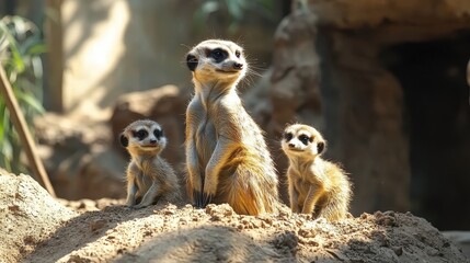 Fototapeta premium Three meerkats stand on a mound, observing their surroundings, showcasing their curious and social nature in a sunny habitat.
