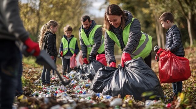Community volunteers clean up litter in a park during a sunny afternoon event with families and children. Generative AI