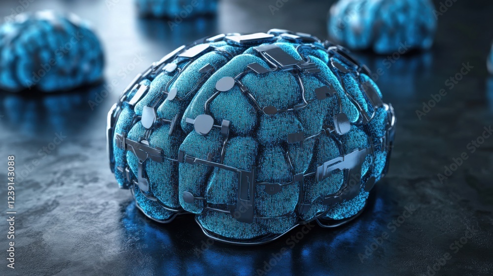 Poster futuristic metallic brain with circuit pattern on dark surface reflecting technological advancements