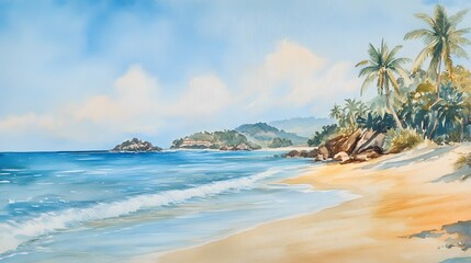 Serene Tropical Beach Scene with Palm Trees and Ocean Waves