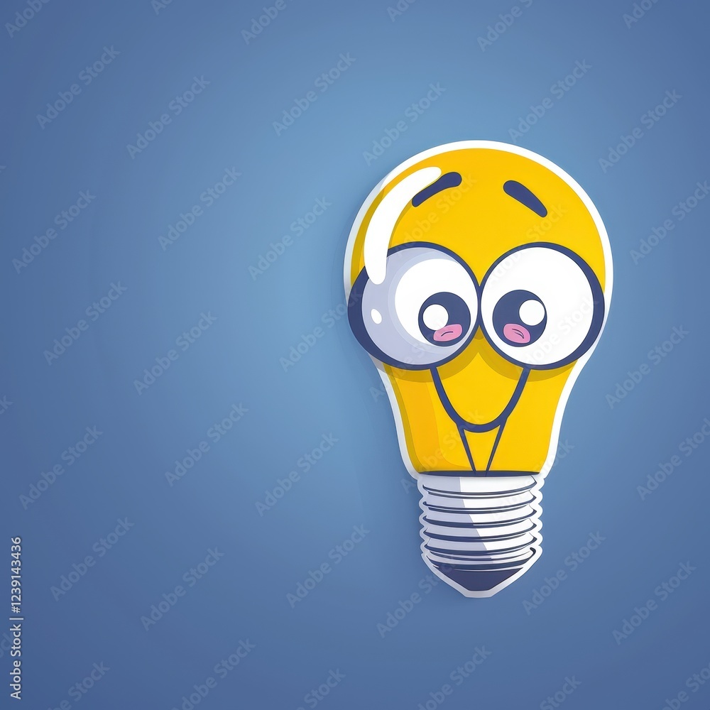 Poster cheerful yellow lightbulb character with smiling face and joyful vibes