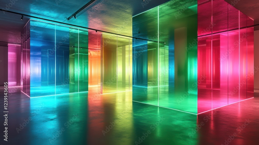 Poster vibrant light installation in a modern art gallery showcasing colorful reflections and transparency 