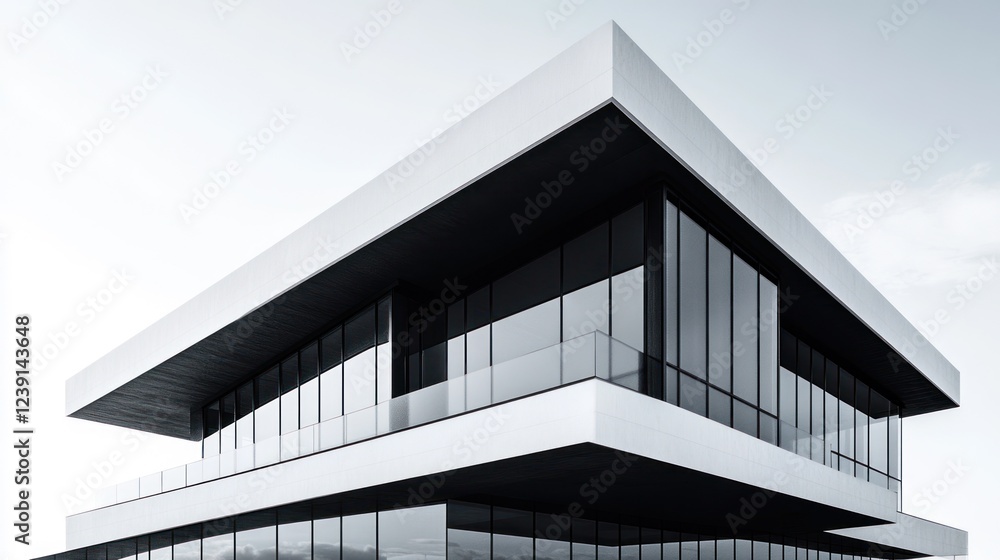 Poster modern architectural design featuring a sleek building with large glass windows in a contemporary st