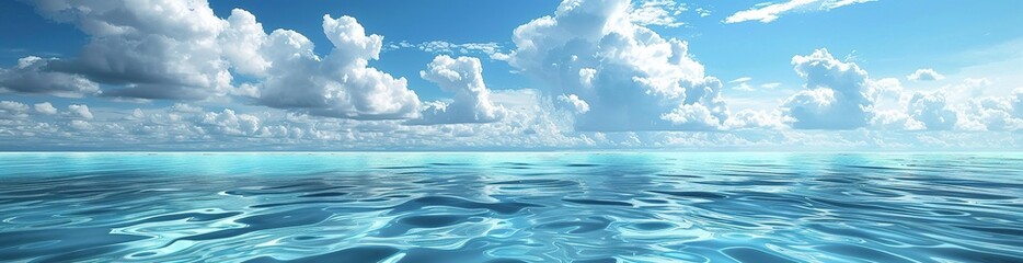 Endless Horizon of Calm Ocean Waters and White Fluffy Clouds Reflecting Above	