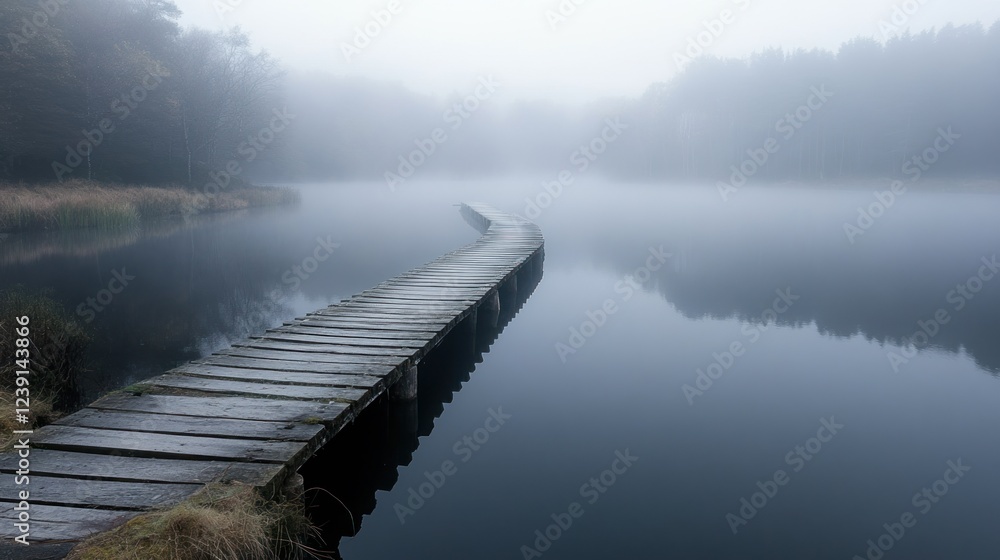 Poster fog envelops wooden pathway extending into still waters of a serene lake at dawn. generative ai