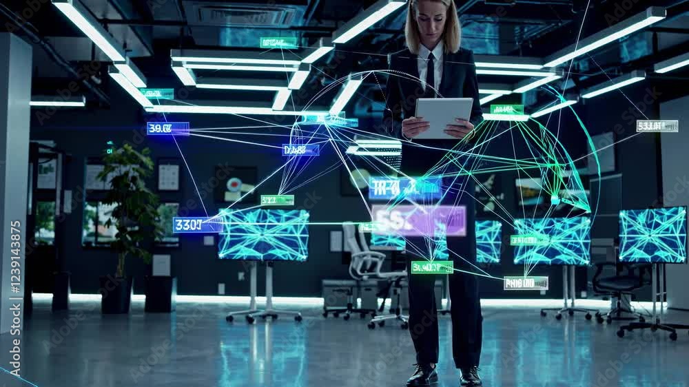Poster project manager using tablet analyzing big data and global network connections with futuristic graph