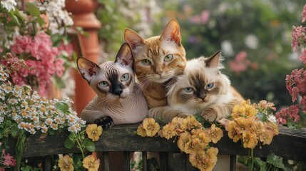 Cats relax together in a vibrant flower garden during a sunny afternoon. Generative AI