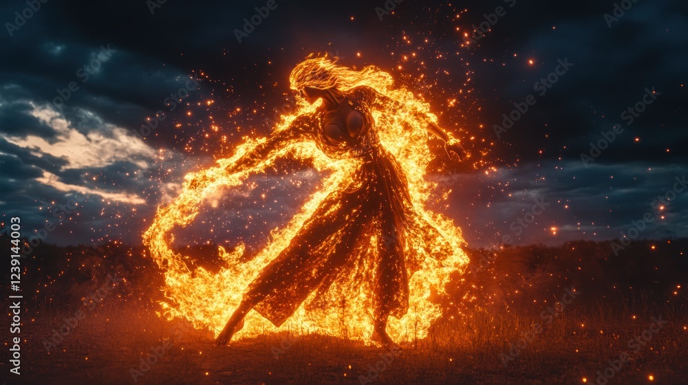 Poster fire dancer performing a mesmerizing display of flames under a dark sky at twilight. generative ai