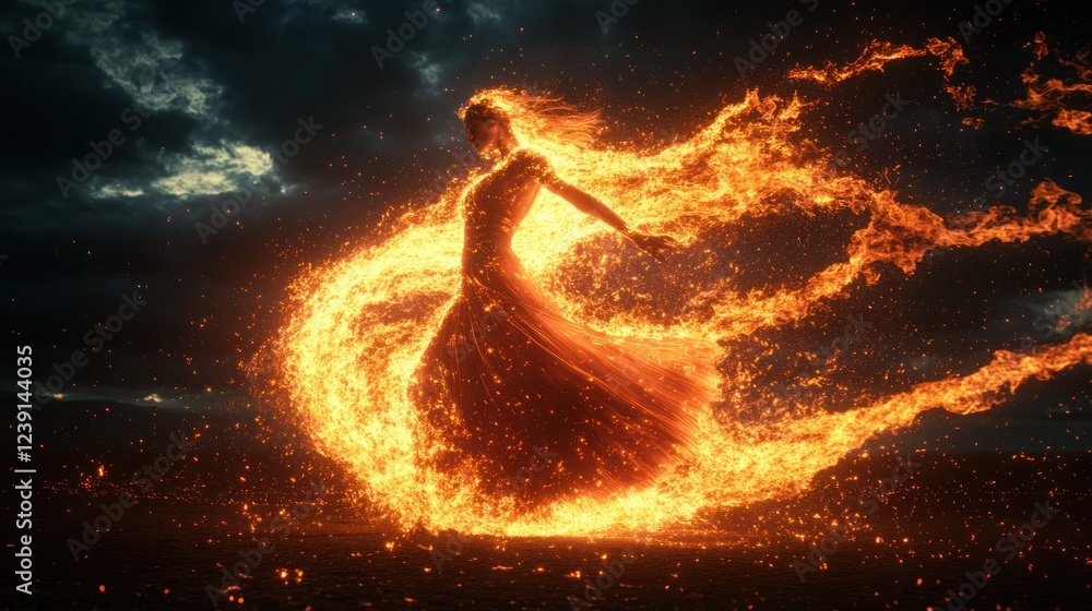 Poster dancer in flames creates a mesmerizing display of fire and movement during a nighttime performance. 