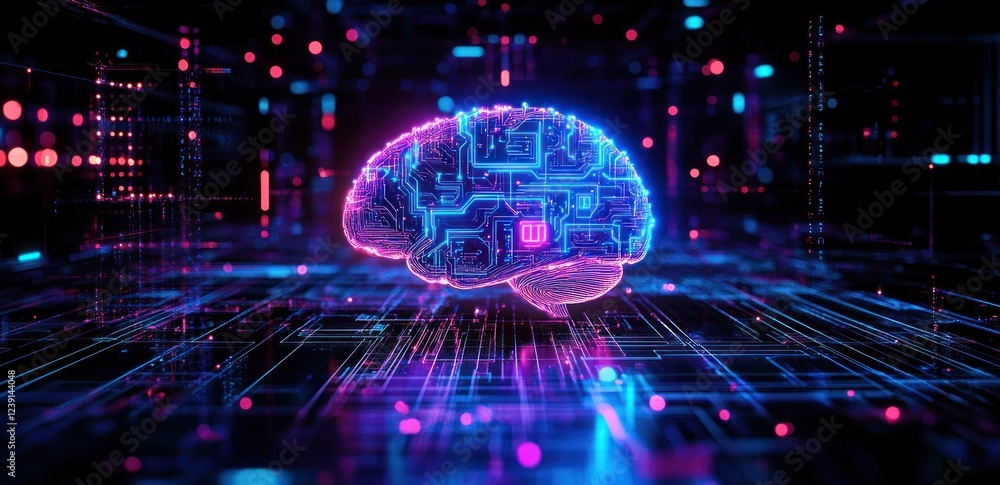 Poster futuristic glowing brain circuits cyberpunk digital art machine learning artificial intelligence abs
