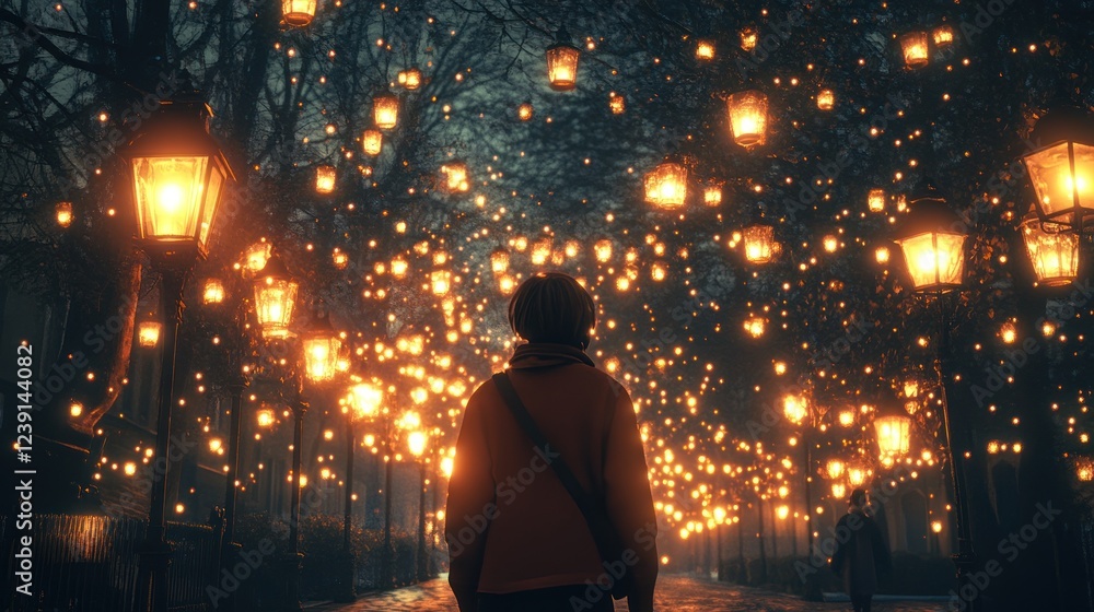 Poster magical evening stroll under glowing lanterns in a serene park during twilight hours. generative ai