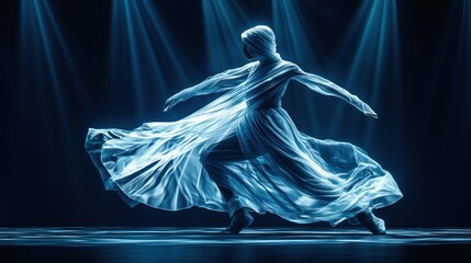 Naklejka premium Elegant dancer performing on stage under dramatic lighting in a striking fluid motion. Generative AI
