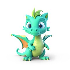 Obraz premium Cute green dragon cartoon character, 3D render, white background, children's book illustration