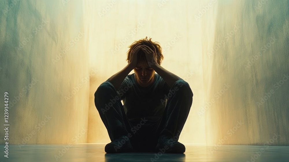 Poster silhouette of a person sitting in a corridor with hands on head, reflecting deep thoughts in low lig
