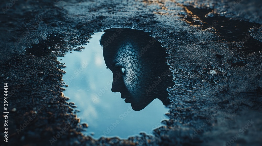 Poster Face reflection in puddle showcasing intricate textures and a deep gaze under soft lighting. Generative AI