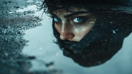 Girl with striking blue eyes gazes intensely from a puddle on a rainy day outdoors. Generative AI