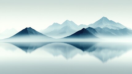 Fototapeta premium Serene misty mountains reflected in calm lake; nature backdrop
