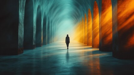 Dramatic corridor with contrasting light and shadows featuring a solitary figure walking at dusk. Generative AI